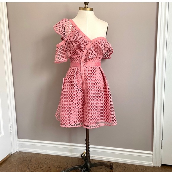 Self Portrait Lace Frill Off Lace Mini Dress With Pockets Pink Size 6 - Picture 9 of 12